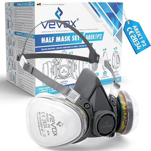 VEVOX® Atemschutzmaske – ABEK1P2 Filter – Schutz gegen Feinstaub, Gase & Dämpfe – Zum Lackieren, Schleifen & Sanieren – Gasmaske, Staubmaske & Lackiermaske (ABEK1P2 - Kleines Set)