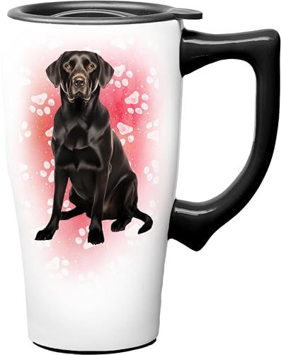 Spoontiques Black Lab Ceramic Travel Coffee Mug with Lid and Handle - Spill Proof Lid - Double Walled Mug for Hot and Cold Beverages - Microwave and Dishwasher Safe