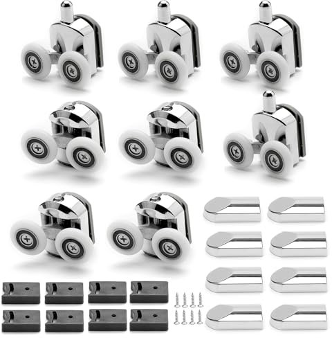 Shower Door Rollers, 8pcs 23mm Glass Doors Rollers, Replacement Curved Shower Door Roller for 4-6mm Glass, Twin Runners Wheels with Anti-Collision Block and Screws Chrome (4 Top & 4 Bottom Rollers)