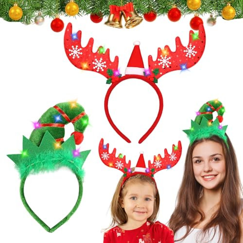 Lot de 2 bandeaux de Noël - Serre-tête avec LED - Serre-tête lumineux - Bonnet de Noël - Serre-tête de renne - Rouge et vert - Pour enfants et adultes