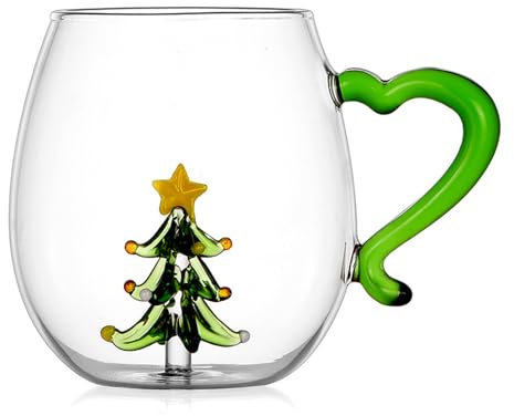 Yjcnelcr Glastasse mit weihnachtlichem Motiv, 3D-Weihnachts-Glastasse mit zarten Designs für verschiedene Anlässe, Borosilikatglas, Tumbler, Weihnachten, 350/400 ml