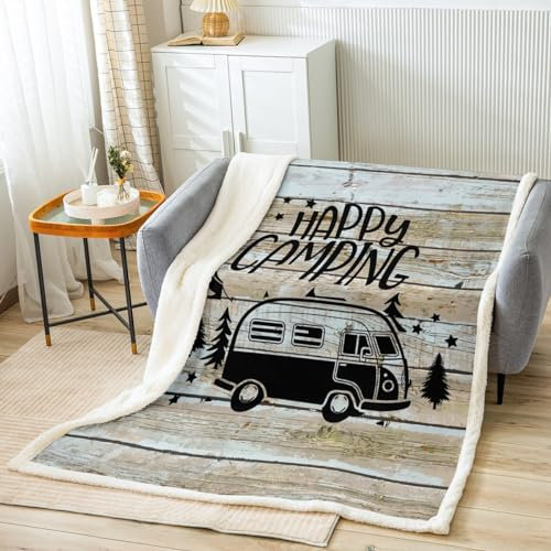 Loussiesd Wohnmobil Decke 75x100cm Happy Camping Kuscheldecke Cartoon Camping Auto Wohndecke für Sofa Dekor RV Camping Decke Bauernhaus Anhänger Camper