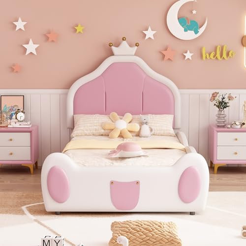 Kinderbett Polsterbett Einzelbett 90x200, Jugendbett Bettgestell für Mädchen, mit verstellbares Kopfteil, Kronen-Doppelbettgestell aus Kunstleder mit Lattenrost und Rückenlehne, Ohne Matratze, Weiß