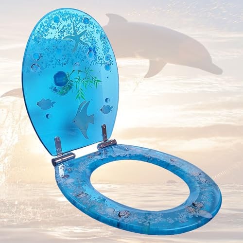 Blue Ocean Yellow Starfish Resin Toilet Seat, Quiet Slow Close Heavy Duty with Tropical Fish 3D Effects Decor, Quick Release Hinges, Soft Close