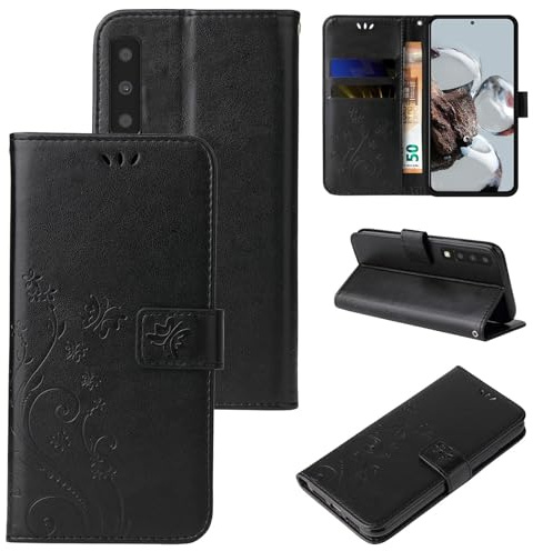 LBH Handy Hülle für Samsung Galaxy A7 (2018) Case Handytasche Schmetterling Blumen Flower Standfunktion Schutzhülle Magnet Rundum Schutz 360 Grad Flipcase Cover Schwarz