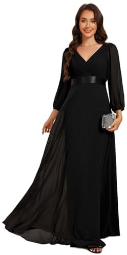 Ever-Pretty Women Dress Elegant Evening Dress with V-Neck and Long Sleeve High Waisted Chiffon Maxi Dress Black 18UK
