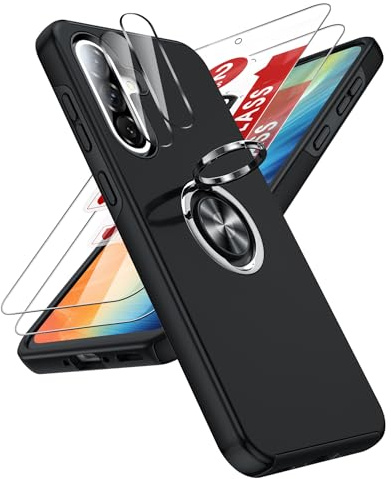 LeYi for Samsung Galaxy A36 Phone Case with 2 Screen and 2 Lens Protector | Protective Invisible Metal Ring Stand Holder Shockproof Tough Mobile Phone Cover for Galaxy A 36 - Black