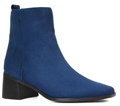 ESSEX GLAM Women's Low Heel Ankle Boots Ladies Block Heeled Square Toe Navy Faux Suede Celsea Biker Booties Size 7