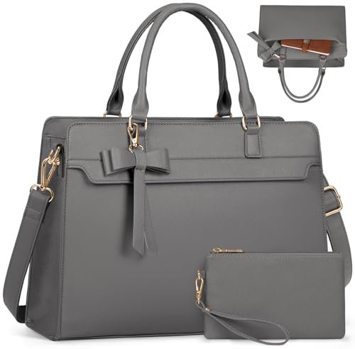RAINSMORE Handtasche Damen Shopper Damen Groß 15.6 Zoll Laptoptasche Damen Wasserdicht PU Leder Arbeitstasche Umhängetasche mit Geldbörse 2-teiliges Set für Business Arbeit Schule Grau