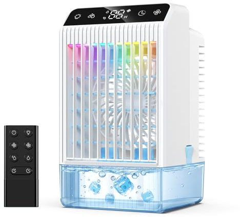 Aire Acondicionado Portatil con Pantalla, Climatizador Evaporativo 4 EN1 De 1000 Ml Tanque, con Mando, Mini Enfriador de Aire con Doble PulverizacióN y Luz de 7 Colores, Temporizadores de 2-12 H