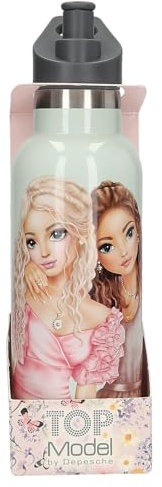 Depesche 13411 TopModel Summer Feeling - Botella de acero inoxidable en color verde salvia, con diseño de modelo, con módulo para beber y asa, capacidad aprox. 500 ml