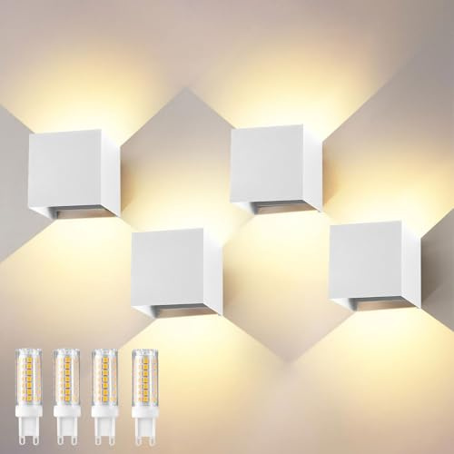wisdom line Applique Murale 4 Pièces, LED G9 3000K 12W, IP65 Étanche, Angle Réglable 0-120°, Blanc pour Intérieur/Extérieur Jardin Salon Chambre