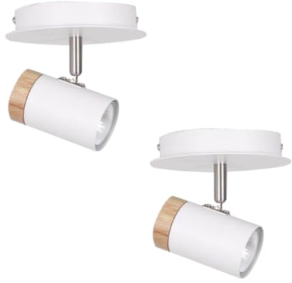 firstchoicelighting Set of 2 White Single Spotlight Fittings for Ceiling or Wall, Wood Detail, Adjustable Heads, LED and Dimmer Compatible