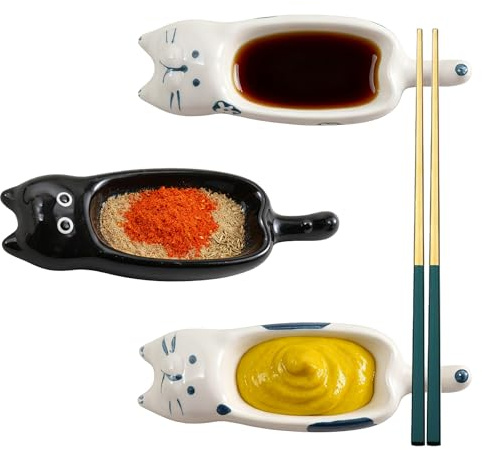 HSYTEK 3 ciotole per salse, 13 x 4,2 cm, a forma di gatto, in ceramica, impilabili, piccole ciotole per ketchup, senape, salsa di soia, aceto (bianco)