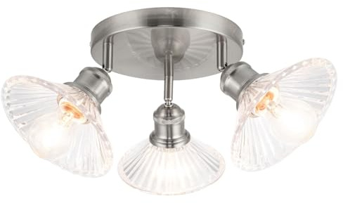 Cosylyte Milan Bathroom 3 Light Modern Round Plate Ribbed Glass Spotlight - Brushed Nickel Base, IP44, 20x20x19cm, 3xE27. Max. 15W LED (Bulb not Included)