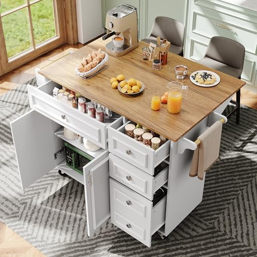 KUAKE Küchenwagen, Kücheninsel mit Arbeitsplatte klappbar, Modern Küchenschrank, Servierwagen Buffetschrank mit Rollen und Handtuchhalter, Küchensiland mit 4 Schubladen, 2 Türen,110×45-75×92cm (Weiß)