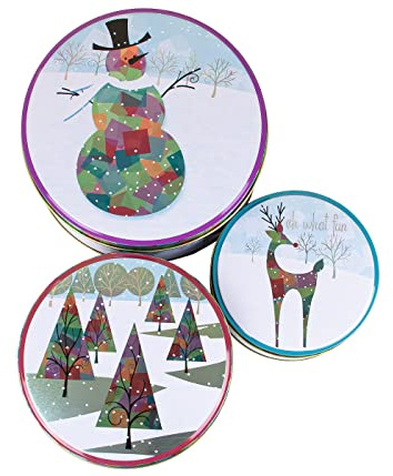 PartyMagix 3er Set Keksdosen Weihnachten rund mit Deckel Metall Plätzchendosen Weihnachtsdosen Geschenkboxen für Kekse Gebäck Pralinen Größen: 20x8 cm, 17x7 cm 13x,5 cm