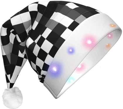 TTIGLHOH Chapeau de Père Noël à carreaux noir et blanc avec lumière LED pour adultes, chapeau de Père Noël pour fête