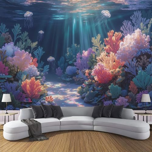 Fototapete 200x140cm Seide Tapeten XXL Fische Korallenriff Wandtapete Meerespflanzen 3D Effekt Wand Dekoration für Wohnzimmer Schlafzimmer Korridor - Blau