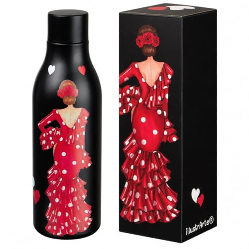 illustrArte Botella Térmica Flamenca Macarena 500 ml sin BPA | Botella térmica flamenca 500 ml de acero inoxidable sin BPA; regalo para clase, trabajo o viaje.