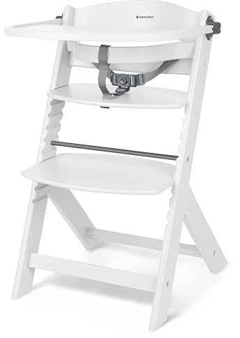 KikkaBoo NORDY Holz-Hochstuhl für Babys, Verstellbarer Kinderstuhl bis 35 kg, Buchenholz, Abnehmbares Tablett, Verstellbare Sitz- & Fußstütze, Sicherheitsbügel, 3-Punkt-Gurt, Ergonomisches, Weiß
