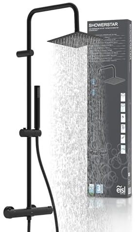 EISL SHOWERSTAR Duschset, Regendusche mit Thermostat schwarz | Duschsystem mit Armatur schwarz 2 in 1 mit großer Edelstahl Regendusche und Handbrause, Duscharmatur mit Thermostat
