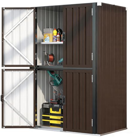 YODOLLA Armoire de Rangement, Abri de Jardin Métal à 3 Niveaux & 4 Portes, Étagères Réglables & Portes Verrouillables pour Jardin, Garage, Stockage d’Outils, 76 x 55 x 178 CM, Brun