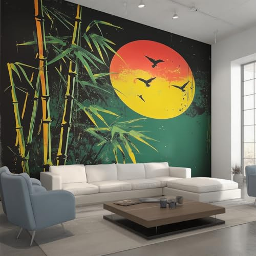 Générique Papier Peint Panoramique Feuille de Bambou Verte, Papier Peint Coucher de Soleil Style Japonais 300x210 cm, Fresque Murale Intissé, Décoration Murale Salon Chambre