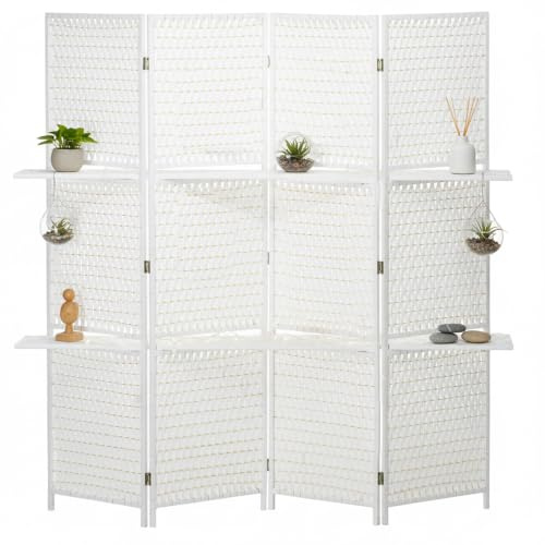 HOMCOM Paravent Raumteiler 4-teilig 181 x 180 cm Faltbar Sichtschutz Weiß | Raumtrenner, Kiefernholz Bambus, 2 Regale, Freistehend, Schlafzimmer Wohnzimmer Büro