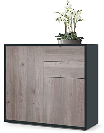 Vladon Sideboard Ben, Made in Germany, Kommode mit 2 Türen und 2 Schubladen, Schwarz matt/Eiche Nordic (79 x 74 x 36 cm)