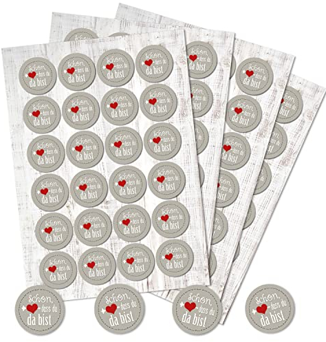 Logbuch-Verlag 96 Schön dass du da bist Aufkleber run 4 cm für Tischkarten grau weiß rot mit Herz rund 4 cm