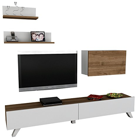Alphamoebel 1742 TV Board Lowboard Fernsehtisch FernsehHängeschrank Sideboard, Fernseh Hängeschrank Tisch für Wohnzimmer, Weiß Walnuss, Caterina, 180 x 29,5 x 32,6 cm