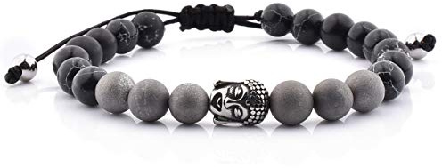 Planetys - Buddha Armband - Natursteine Armband Schwarzer Türkis und Smile Achat aus 316L Edelstahl
