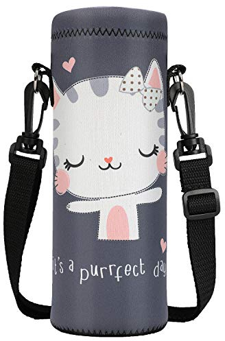 ToLuLu Insulated Neoprene Water Bottle Carrier Bag Case, 1000ML with Adjustable Shoulder Strap, For Stainless Steel/Glass/Plastic Bottles, Sport Energy Drinks, Cute Cat