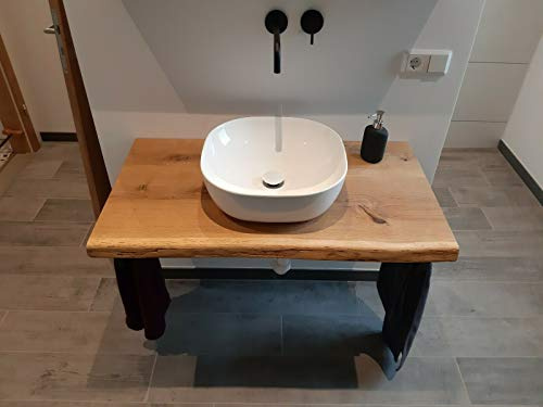 Waschtischplatte Eiche massiv Baumkante geölt Holz Aufsatzwaschtisch (80 x 60 cm)