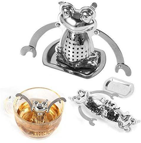Tee-Ei, Edelstahl-Teesieb in Froschform für losen Tee, Teesieb, Tee-Auslauffilter, Gewürzfilter, Tee-Ei, Filter für losen Tee, mit Tablett für Zuhause und Büro