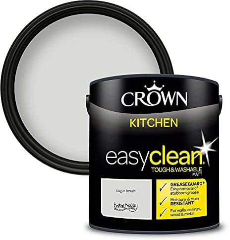 2.5L CROWN Easyclean Kitchen MATT Emulsion Multi Surface Paint With GREASEGUARD+ That can be Used on Walls, Ceilings, Wood and Metal. Stain & Scrub Resistant Formula – Sugar Bowl