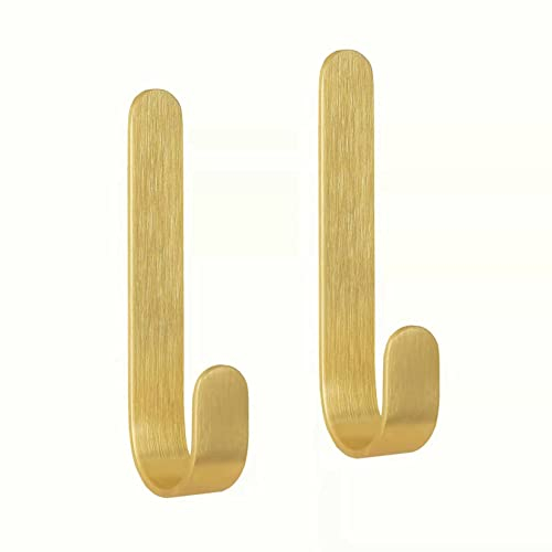 BoBoU Lot de 2 crochets muraux auto-adhésifs dorés - En laiton robuste - Sans perçage - Pour porte, armoire, salle de bain, cuisine, douche