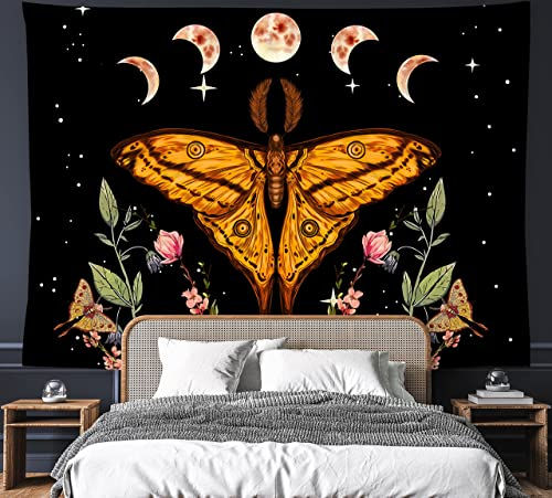FREEHOTU Wandteppich Motte und Mond, Schmetterling, 152,4 x 101,6 cm, Wandbehang, Partydekoration, Bettwäsche, Wohnkultur für Schlafzimmer, Wohnzimmer, Wohnheim (152 x 120 cm)