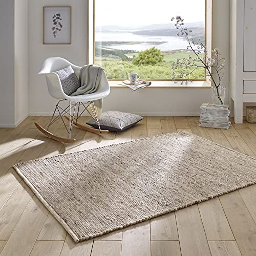 Taracarpet Handweb-Teppich Malmoe Wolle im Skandinavischem Landhaus Design Wohnzimmer Esszimmer Schlafzimmer Flur Läufer beidseitig verwendbar Sand 090x160 cm