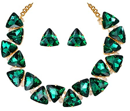 Clearine Art Deco Sparkly Statement Halskette Ohrringe Set Dreieck Schmuckset für Damen, Emerald Color Gold-Tone