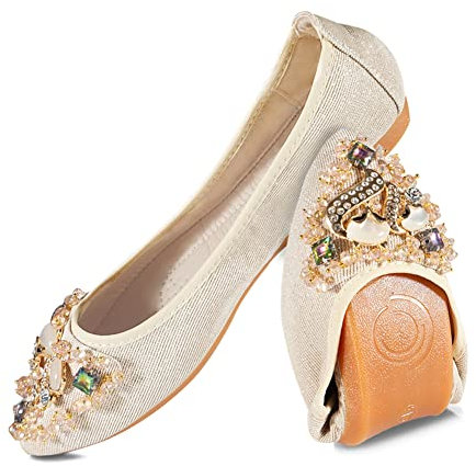 MACHSWON Womens Folding Pumps Roll up Wedding Dress Shoes Foldable Bling Ballet Flats with Beautiful Rhinestone Portable Ladies Slip On Loafers(Gold, Size 6)