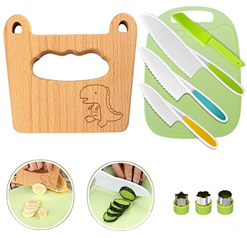 Kindermesser 9-teiliges Set von Kinderküchenmessern zum Schneiden und Kochen von Obst oder Gemüse für Kleinkinder, einschließlich Kinderholzmessern, Kochmessern, Keksausstechern und Schneidebrettern