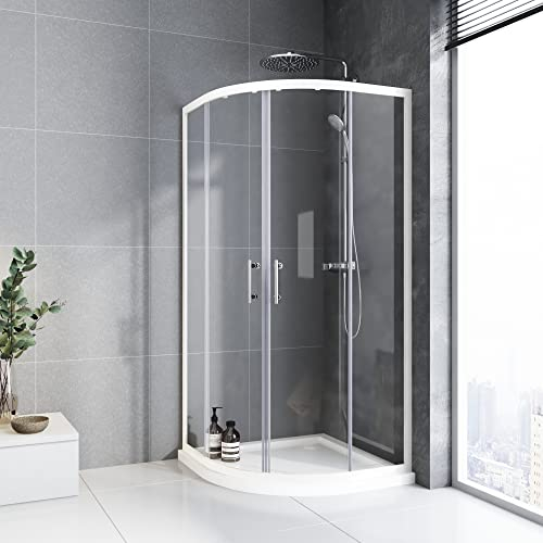 BD-Baode Viertelkreis Duschkabine 90x90cm Runddusche Weiß Doppel Schiebetür Echtglas Duschtür Höhe 185cm