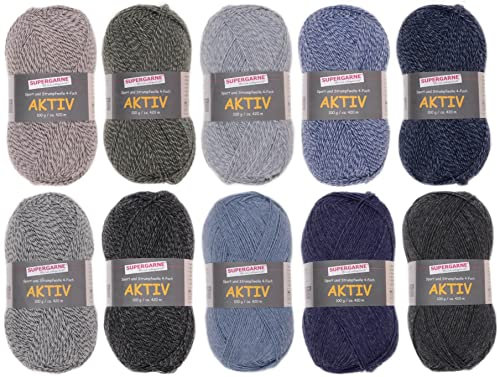 SUPERGARNE Sockenwolle Aktiv 4-fädig – 1000 g (10x100g), Strapazierfähig, Maschinenwaschbar, Made in Italy, Ideal für Socken und Strickprojekt (Mouline)