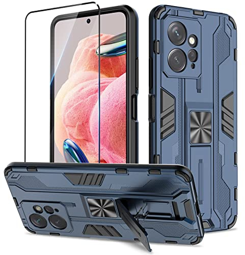 Btstring Funda para Xiaomi Redmi Note 12 4G con Cristal Templado Protector Pantalla, Carcasa Protectora Antigolpes con Soporte Reforzado- Azul
