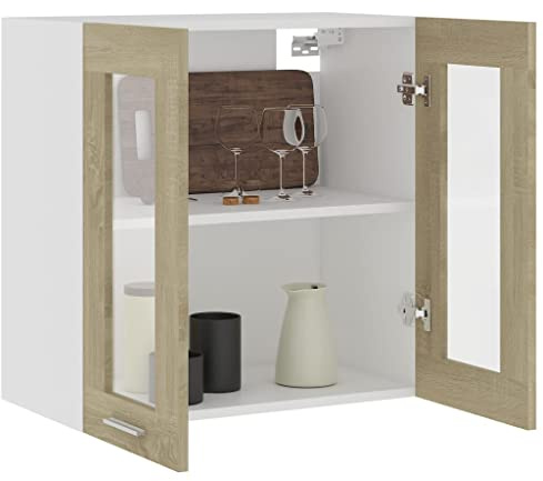 homiuse Hängeglasschrank Sonoma-Eiche 60x31x60 cm Holz Küchenschrank Hängeschrank Küche Vorratsschrank Schrank Klein Apothekerschrank Küchenschränke Haushaltsschrank Wandschrank HäNgend Zwei Regale