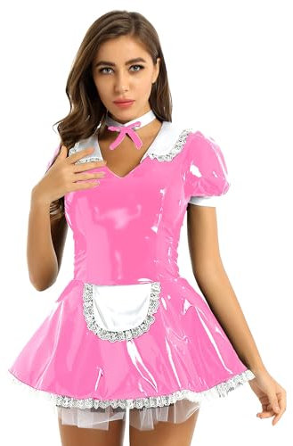 iiniim Women's PVC Leather Wet Look French Maid Costume Cosplay Fancy Dress with Apron 3# Pink B M