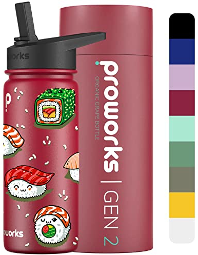 PROWORKS Gen 2 Bouteille d'eau Isotherme avec Paille 1L 24 Heures Froid 12 Heures Boissons Chaudes Acier Inoxydable Gym - Raisin Biologique - Super sushis