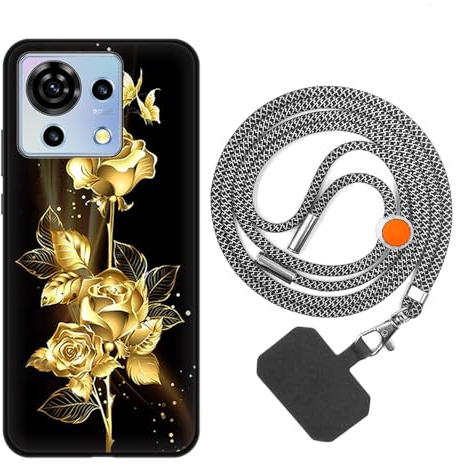 vingarshern Handyhülle Kompatibel mit ZTE Blade V50 Vita 2023 Hülle Silikon mit Aesthetic Muster,Stoßfest Schutzhülle mit Kordel,Weich Bumper Case mit Handykette/Umhängeban,Goldene Blume